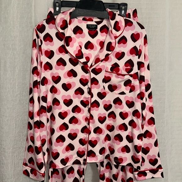kate spade Pink Red Burgundy Overlapping Hearts Notch Collar Long Sleeve Pant PJ - Picture 2 of 12